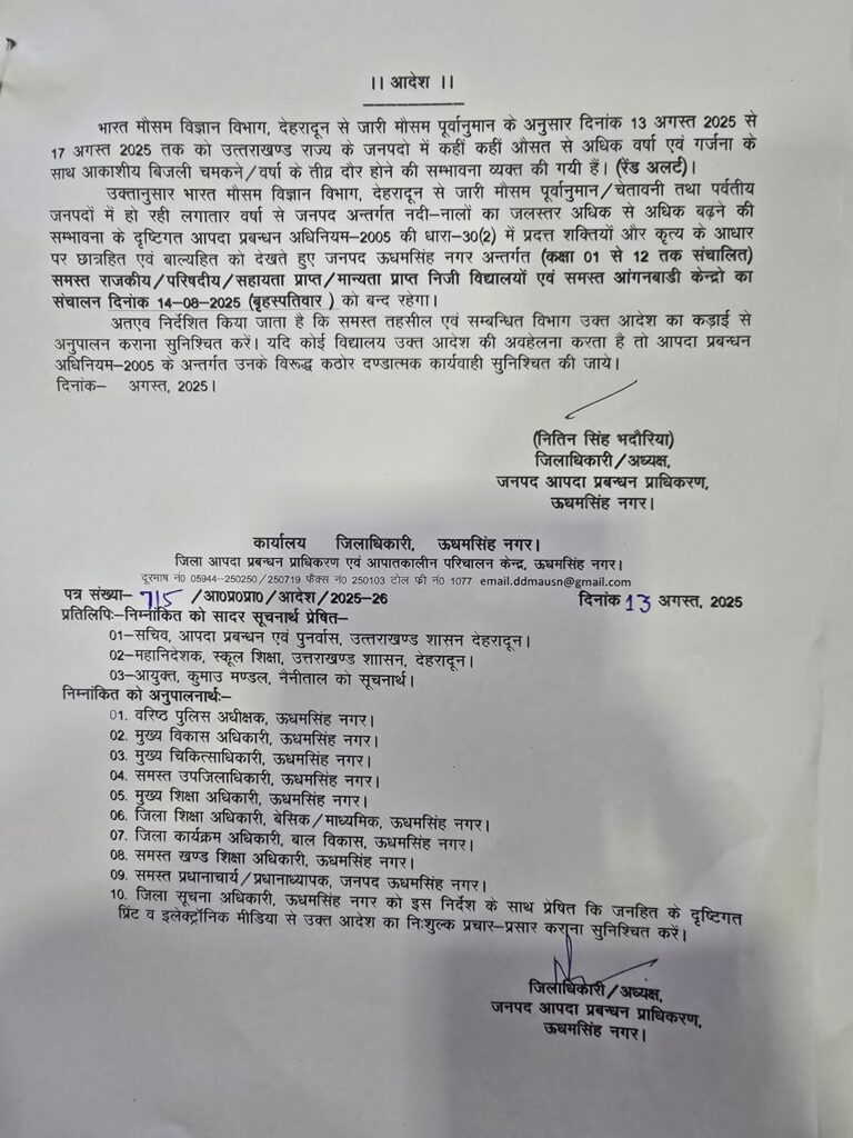 ऊधमसिंह नगर: भारी बारिश की 'रेड अलर्ट' के चलते कल सभी स्कूल-आंगनबाड़ी केंद्र बंद, आपदा प्रबंधन प्राधिकरण का बड़ा फैसला 2 WhatsApp Image 2025 08 13 at 18.43.53