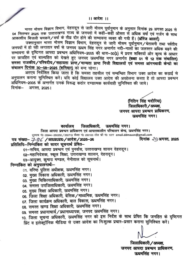 ऊधमसिंह नगर में कल बंद रहेंगे स्कूल: भारी बारिश के 'ऑरेंज अलर्ट' के कारण जिलाधिकारी का आदेश 2 WhatsApp Image 2025 08 29 at 18.49.50 1