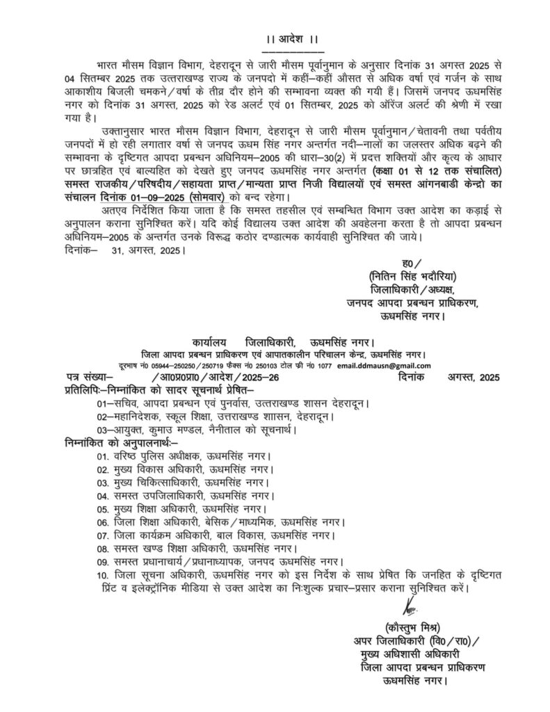 ऊधमसिंह नगर में सोमवार को स्कूल-आंगनवाड़ी बंद: मौसम विभाग ने जारी किया 'रेड अलर्ट', छात्रों की सुरक्षा पर विशेष जोर 2 WhatsApp Image 2025 08 31 at 19.31.30