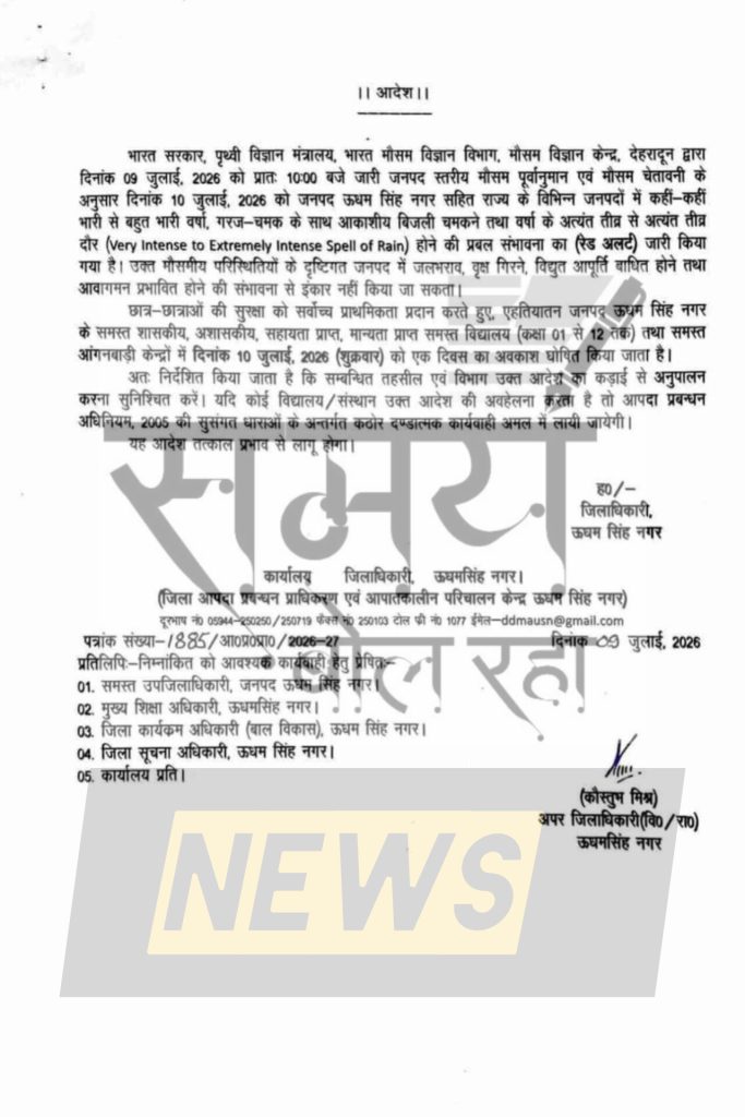 भारी बारिश के अलर्ट के चलते ऊधम सिंह नगर के सभी स्कूल और आंगनबाड़ी 10 जुलाई को रहेंगे बंद 2 1000362103